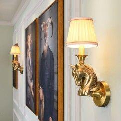 American Loft Copper Horse Head Living Room Wall Lamp Vintage Fabric Shade Bedroom Bedsides Corridor Stair Case Wall Sconces 5