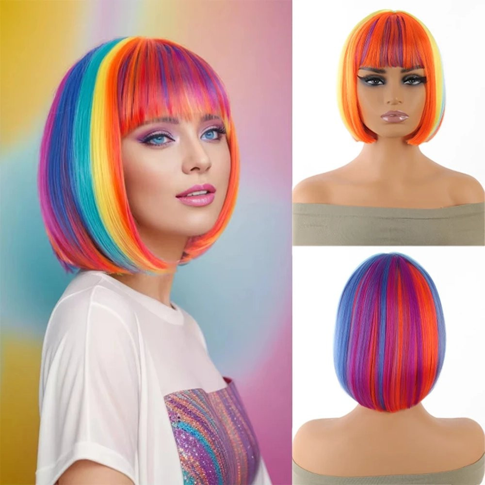 Party Dance Party Synthetic Wigs Colorful Bob Hairstyle Halloween  Cosplay Coszy Bangs Rainbow Wigs