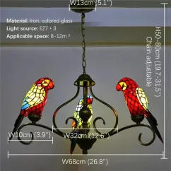 Parrot Chandelier Tiffany Vintage Creative Color Glass Pendant Lamp Decor for Home Living Room Bedroom Hotel