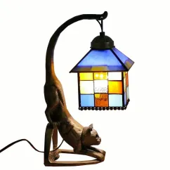 Tiffany Metal Cat Bedroom Bedsides Table Lamp Glass Lampshade Study Room Club Desk Lamp Table Light 5