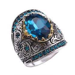 Vintage Big Blue Stone Crystal Zircon Rings for Women Retro Jewelry Carved Pattern Knuckle Statement Ring Anillo Bague Masculine
