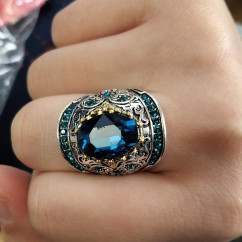 Vintage Big Blue Stone Crystal Zircon Rings for Women Retro Jewelry Carved Pattern Knuckle Statement Ring Anillo Bague Masculine