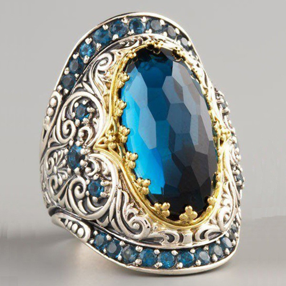 Vintage Big Blue Stone Crystal Zircon Rings for Women Retro Jewelry Carved Pattern Knuckle Statement Ring Anillo Bague Masculine