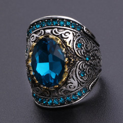 Vintage Big Blue Stone Crystal Zircon Rings for Women Retro Jewelry Carved Pattern Knuckle Statement Ring Anillo Bague Masculine