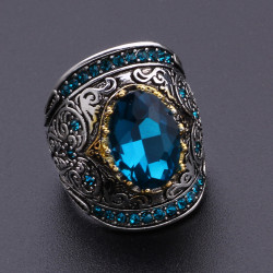 Vintage Big Blue Stone Crystal Zircon Rings for Women Retro Jewelry Carved Pattern Knuckle Statement Ring Anillo Bague Masculine
