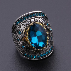 Vintage Big Blue Stone Crystal Zircon Rings for Women Retro Jewelry Carved Pattern Knuckle Statement Ring Anillo Bague Masculine