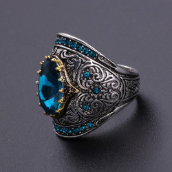 Vintage Big Blue Stone Crystal Zircon Rings for Women Retro Jewelry Carved Pattern Knuckle Statement Ring Anillo Bague Masculine