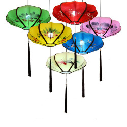 Chinese Lantern Dining Room Pendant Light Fabric Painting UFO Restaurant Hanging Lamp