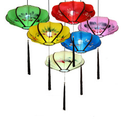 Chinese Lantern Dining Room Pendant Light Fabric Painting UFO Restaurant Hanging Lamp