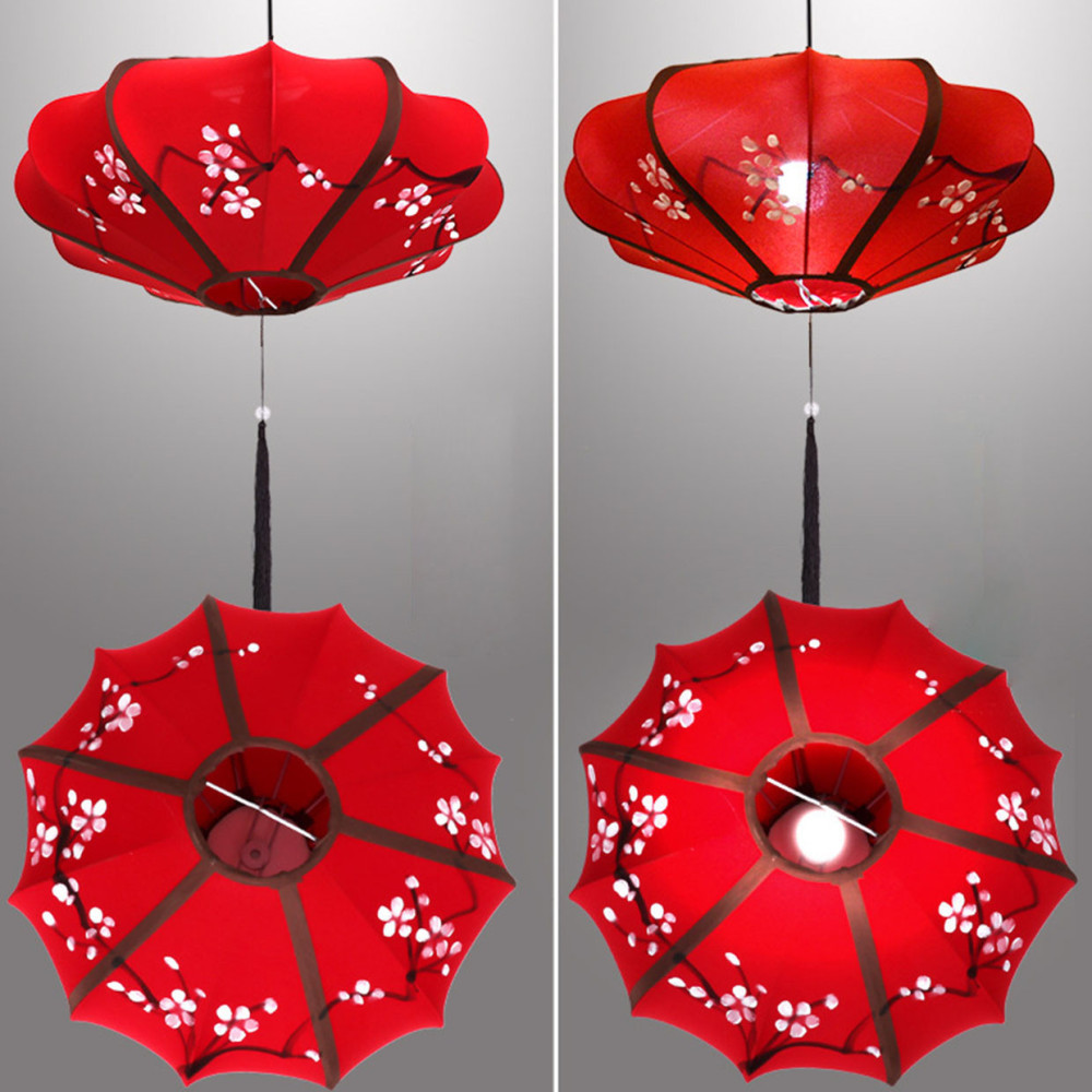 Chinese Lantern Dining Room Pendant Light Fabric Painting UFO Restaurant Hanging Lamp