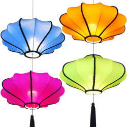 Chinese Lantern Dining Room Pendant Light Fabric Solid UFO Restaurant Hanging Lamp