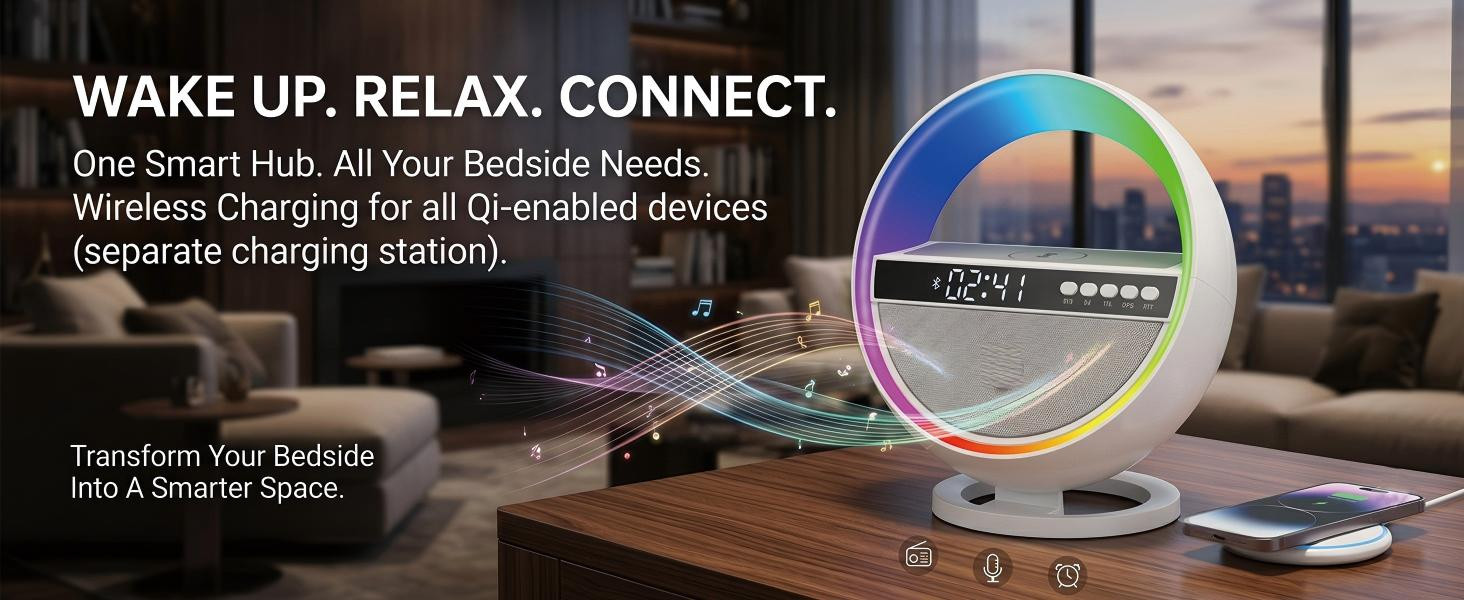 6-in-1 LED Digital Alarm Clock with Wireless Charging, Bluetooth 5.3 Speaker, RGB Dimmable Bedside Lamp, Nightstand Light with Time Display, USB & TF Card Support, Desk Lamp for Bedroom, Office, Home