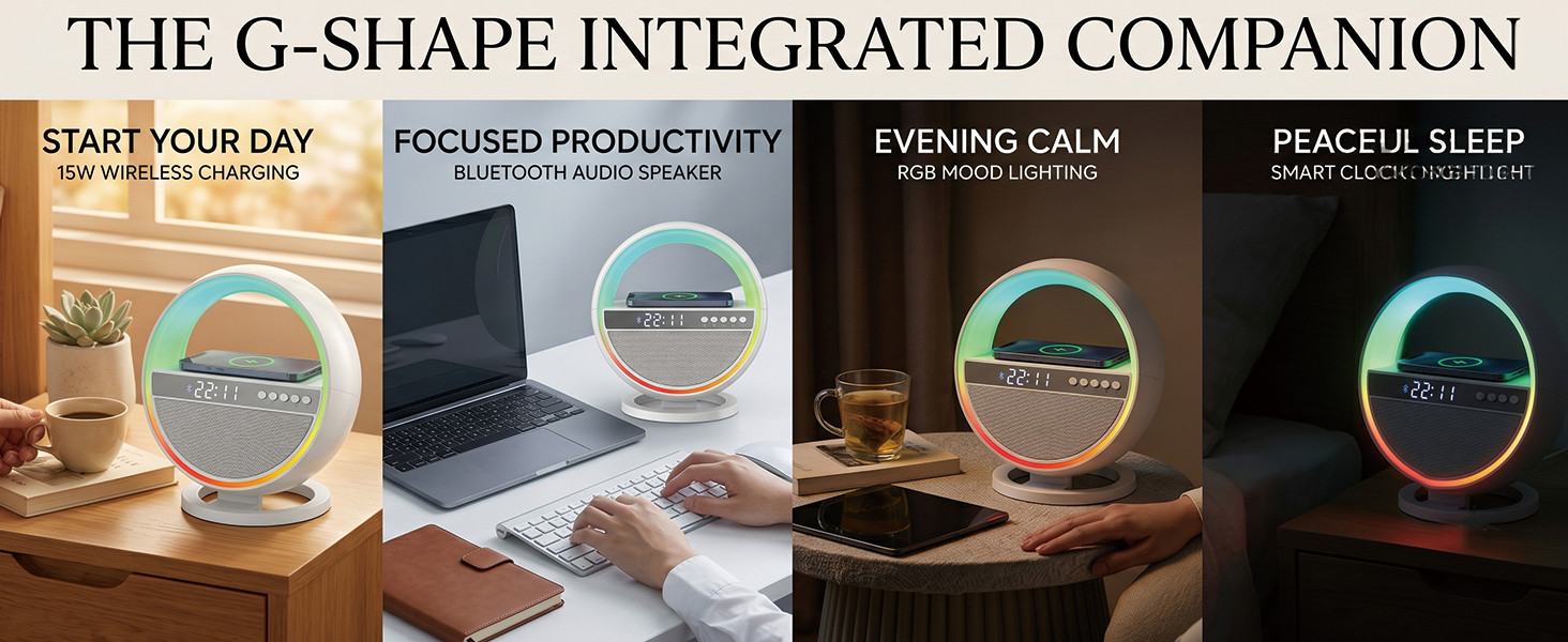 6-in-1 LED Digital Alarm Clock with Wireless Charging, Bluetooth 5.3 Speaker, RGB Dimmable Bedside Lamp, Nightstand Light with Time Display, USB & TF Card Support, Desk Lamp for Bedroom, Office, Home