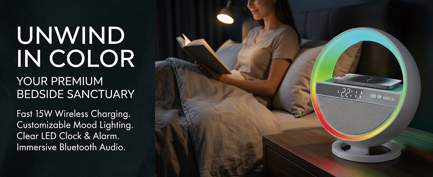 6-in-1 LED Digital Alarm Clock with Wireless Charging, Bluetooth 5.3 Speaker, RGB Dimmable Bedside Lamp, Nightstand Light with Time Display, USB & TF Card Support, Desk Lamp for Bedroom, Office, Home
