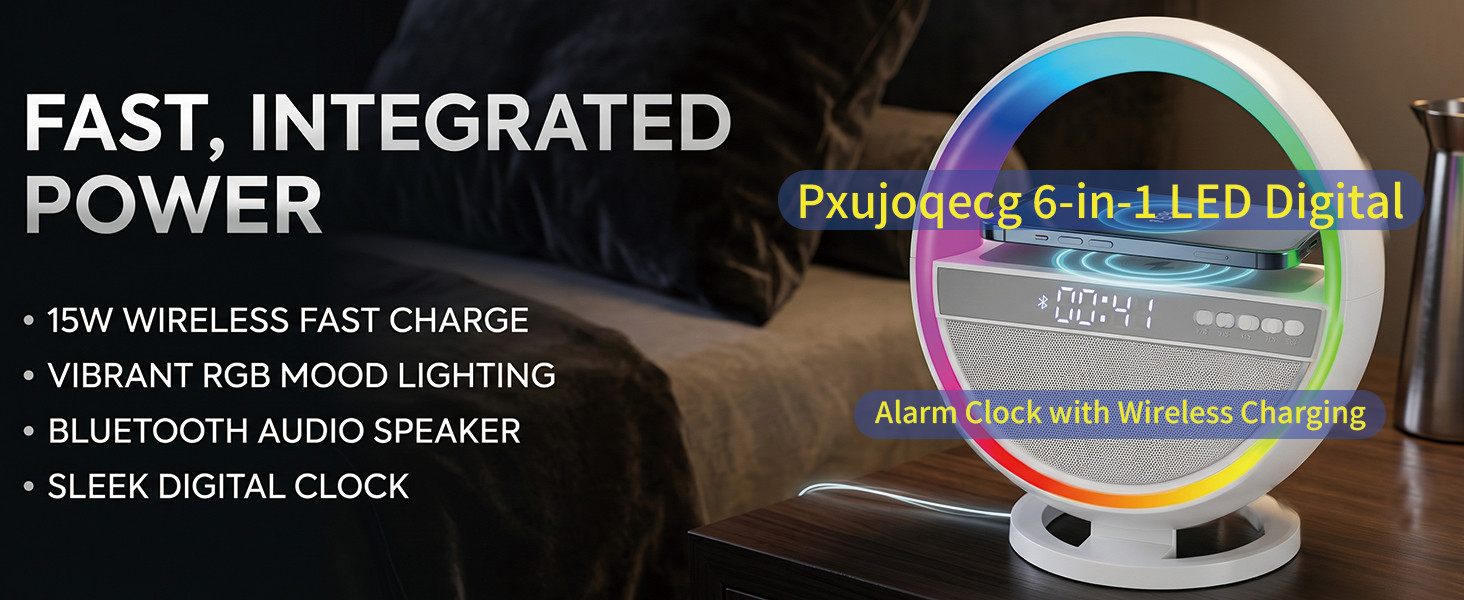 6-in-1 LED Digital Alarm Clock with Wireless Charging, Bluetooth 5.3 Speaker, RGB Dimmable Bedside Lamp, Nightstand Light with Time Display, USB & TF Card Support, Desk Lamp for Bedroom, Office, Home