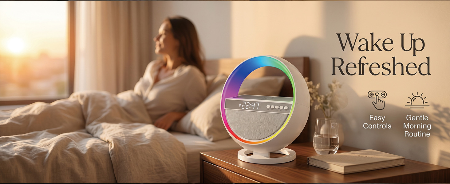 6-in-1 LED Digital Alarm Clock with Wireless Charging, Bluetooth 5.3 Speaker, RGB Dimmable Bedside Lamp, Nightstand Light with Time Display, USB & TF Card Support, Desk Lamp for Bedroom, Office, Home