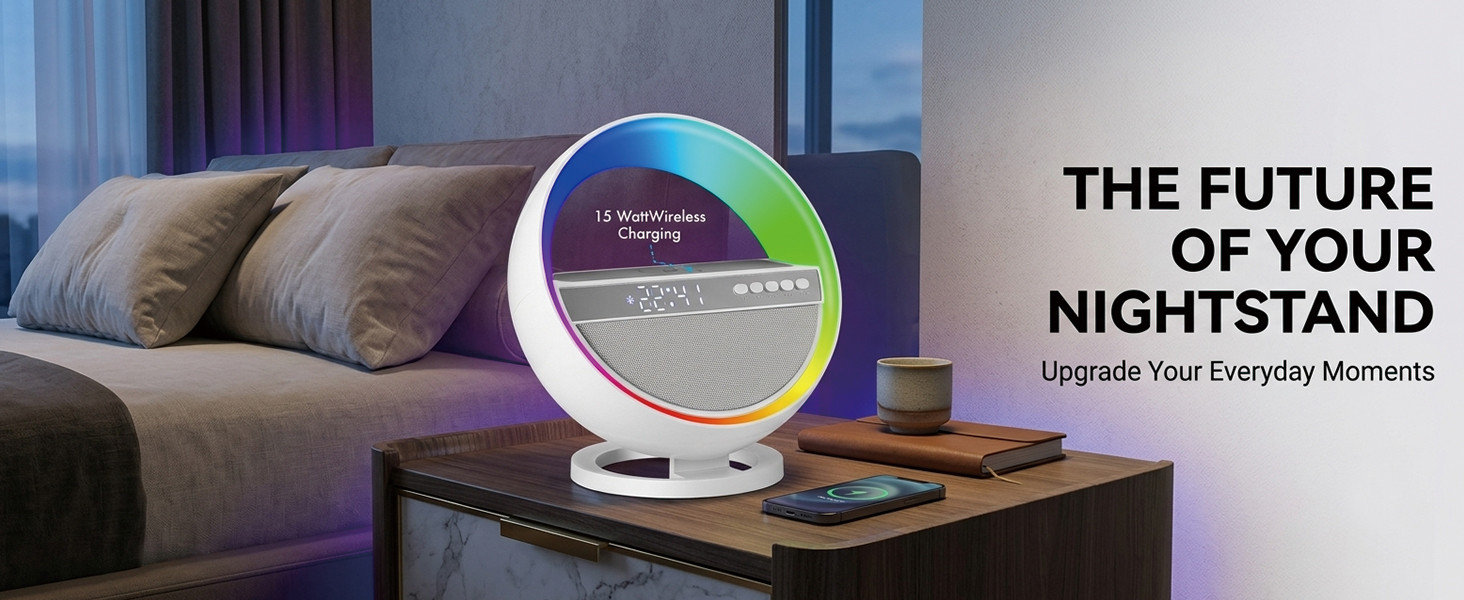 6-in-1 LED Digital Alarm Clock with Wireless Charging, Bluetooth 5.3 Speaker, RGB Dimmable Bedside Lamp, Nightstand Light with Time Display, USB & TF Card Support, Desk Lamp for Bedroom, Office, Home
