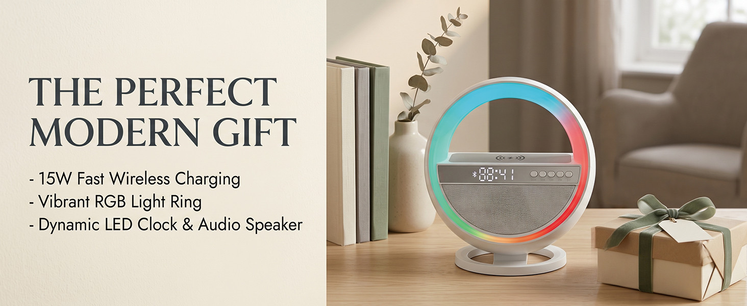 6-in-1 LED Digital Alarm Clock with Wireless Charging, Bluetooth 5.3 Speaker, RGB Dimmable Bedside Lamp, Nightstand Light with Time Display, USB & TF Card Support, Desk Lamp for Bedroom, Office, Home