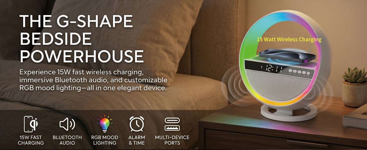6-in-1 LED Digital Alarm Clock with Wireless Charging, Bluetooth 5.3 Speaker, RGB Dimmable Bedside Lamp, Nightstand Light with Time Display, USB & TF Card Support, Desk Lamp for Bedroom, Office, Home